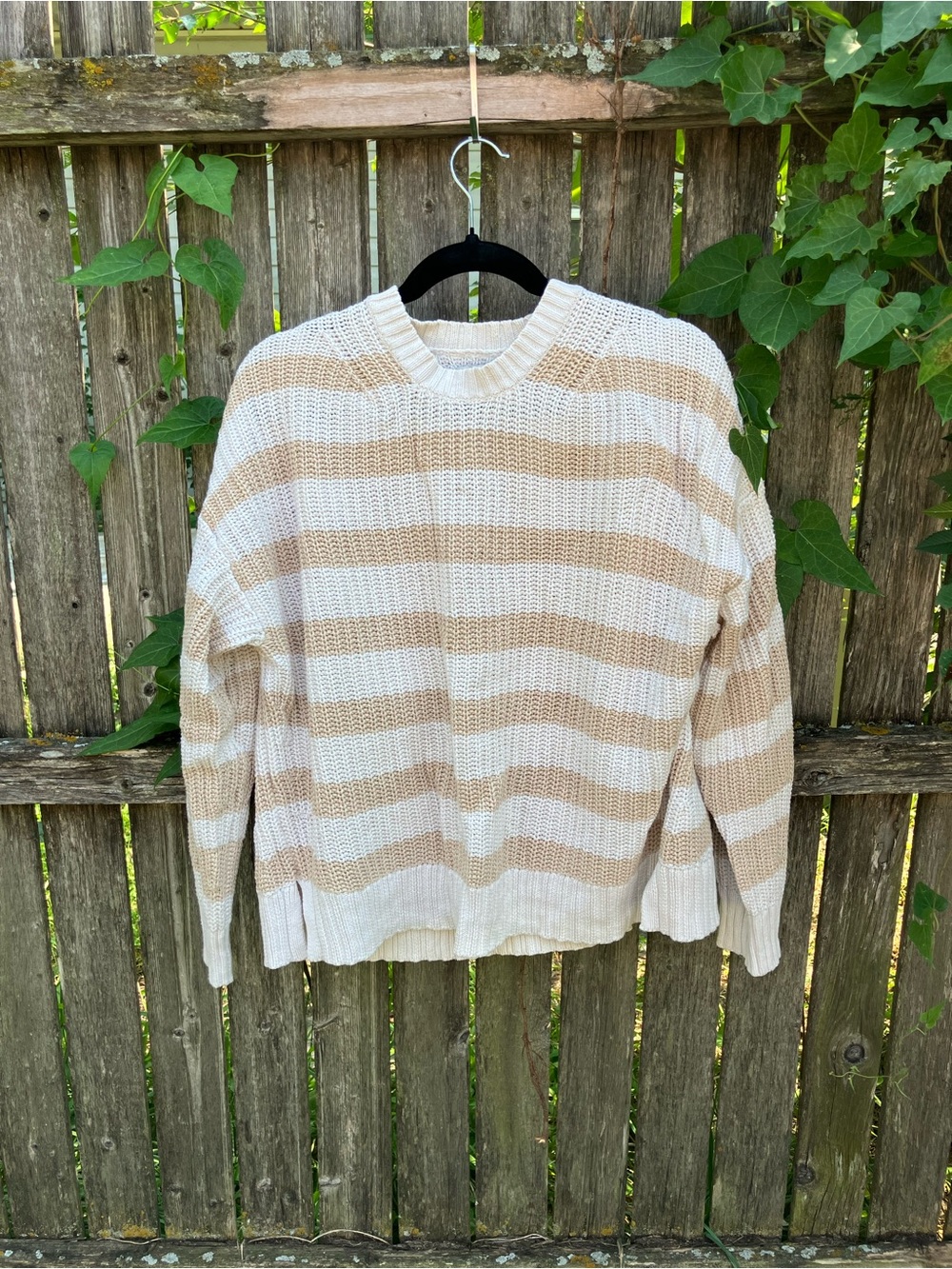 American Eagle Outfitters Cream & Tan Striped Crewneck Sweater